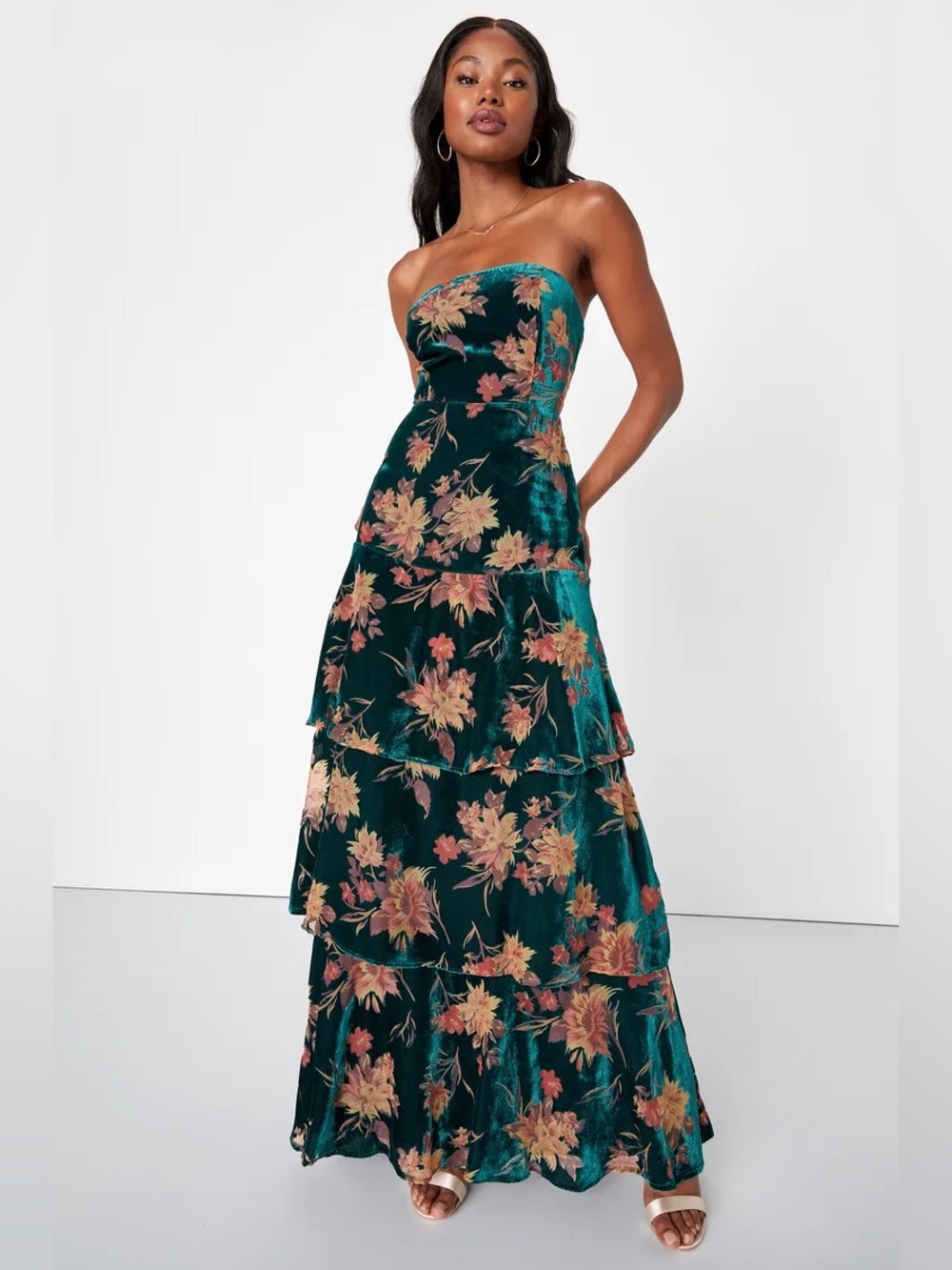 Lulu's Teal Floral Strapless Tiered Maxi Dress